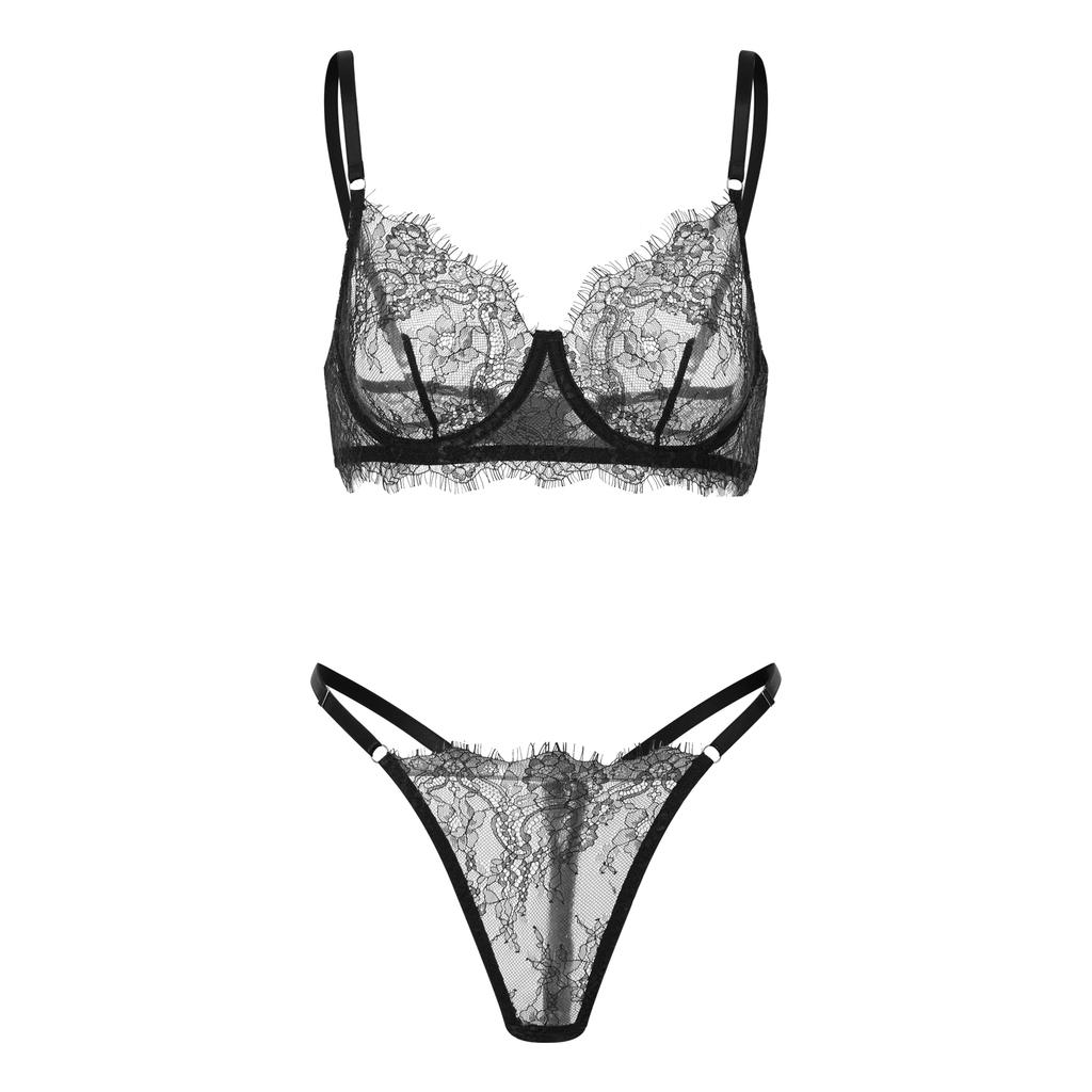 Women's Lace Lingerie Outfits Sheer Bra + Low Waist Thong Babydoll Sleepwear 2 Pcs Set