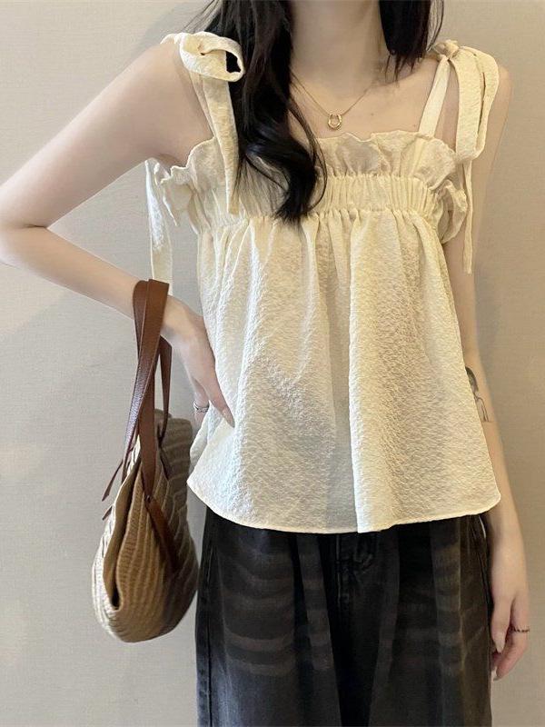 Women's Sweet & Fresh Textured Cropped Tie-Up Camisole: Summer 2026 Ruffle, Loose, Slimming Top