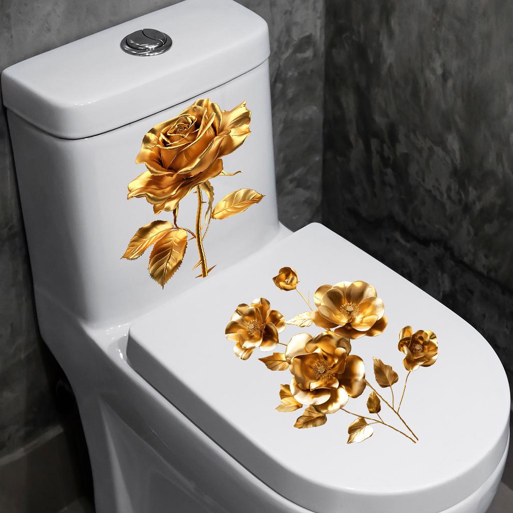 Bathroom Toilet Stickers Modern Minimalist Golden Flowers Pattern Self-adhesive Paintings For Bathroom Living Decorations