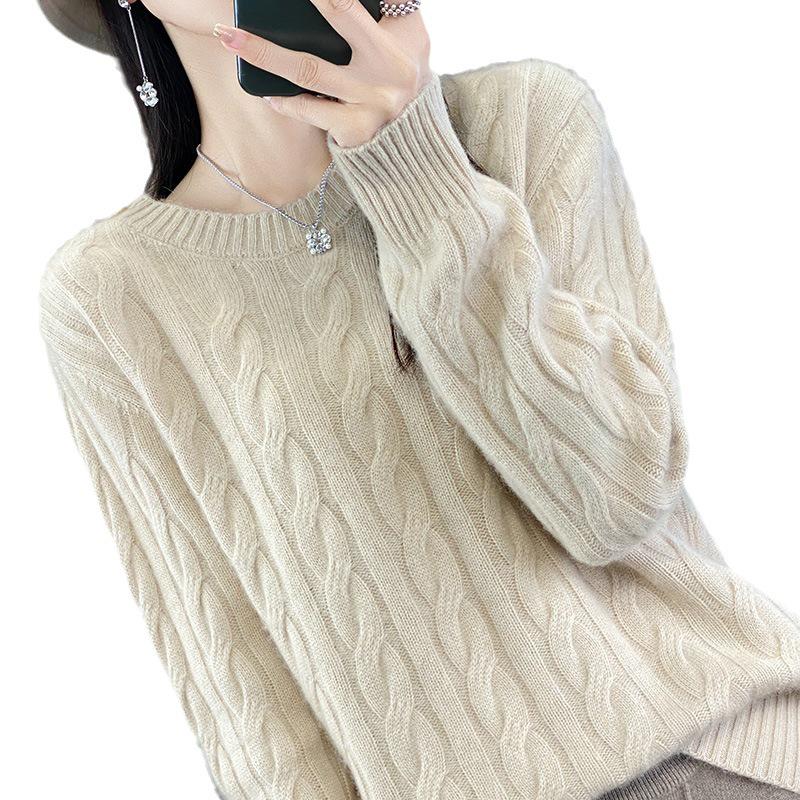 Women's Retro Loose Cable Knit Wool Sweater - Round Neck, Solid Color, Lazy Style, Perfect for Autumn and Winter.