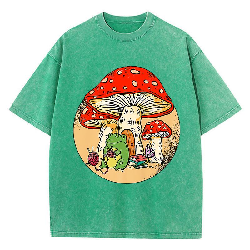 Cute Frog Kinting Mushroom Print Woman Washed T-Shirt Cotton Summer T Shirt Soft Loose Streetwear Y2K Short Sleeves