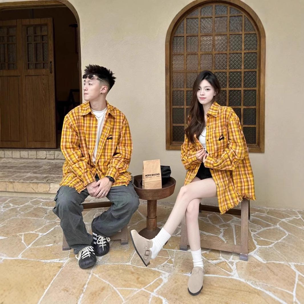 

2024 Unisex American Retro Yellow Plaid Shirt Jacket - Unique Summer & Spring Top for Couples XXL жовтий