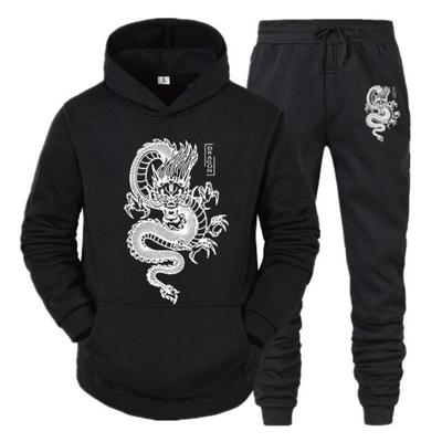 Conjunto de mangas compridas masculino e feminino com capuz + calça primavera inverno estampa de dragão moletom casual roupas esportivas masculinas