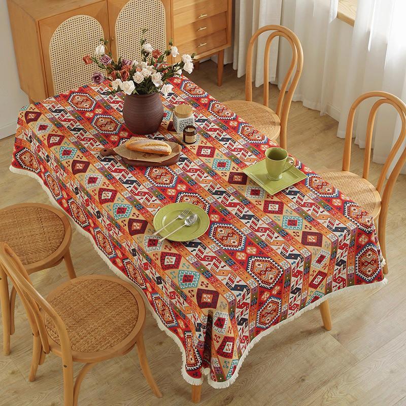 Bohemian Style Cotton Linen Tablecloth With Tassels Long Rectangle Decorative Dining Table Cover Anti-Slip Heat Resistant