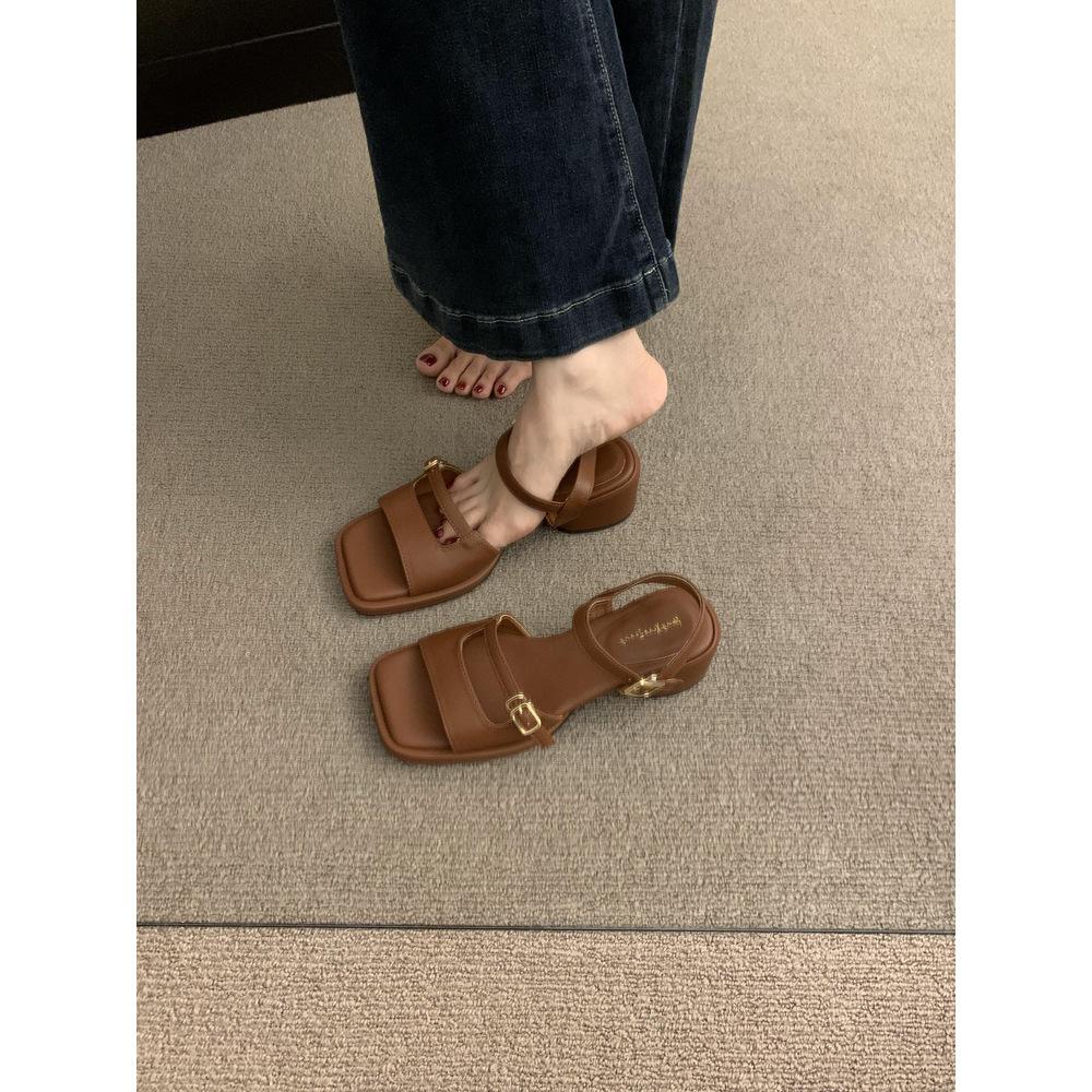 2025 summer new high-heeled open-toed sandals empty women's shoes temperament with skirt black thick-heeled Roman shoes