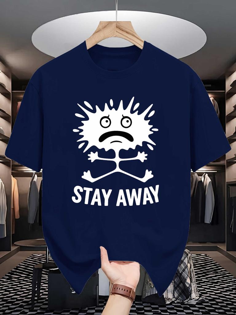 Unisex White Tee Funny Splash Monster Stay Away Letter Graphic Print Crew Neck Short Sleeve Summer Casual Male Cotton Street Top