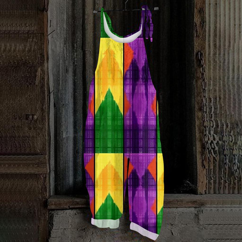 Women's Casual Jumpsuit Sleeveless Carnival Mask Print Loose Retro Overalls Jumpsuit