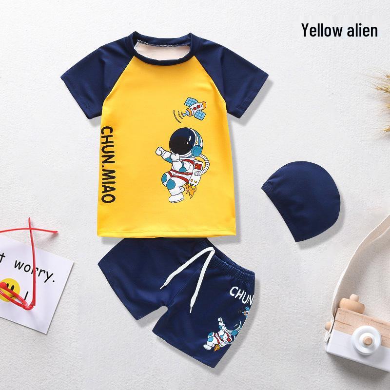 Cartoon Boys' Toddler Sun Protection Quick-Dry Swimsuit Set with Swim Cap