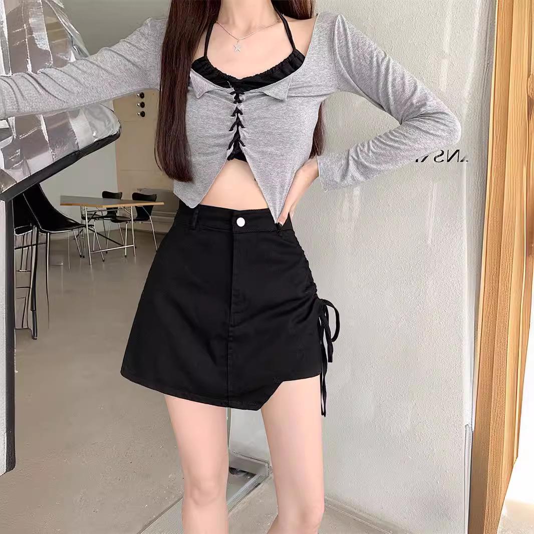 

Женская летняя юбка 2024 года с неровным краем, кулиской, высокой посадкой и облегающая бедра Extra Small чёрный