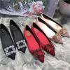 Spring 2025 Fairy Style Rhinestone Chain Mary Jane Flats - Patent Leather, Pointed Toe, Korean Soft Sole