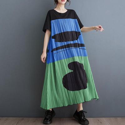 שרוולים קצרים בגודל פלוס שיפון וינטג' קפלים חדש בשמלות לנשים קז'ואל רפויה שמלת קיץ ארוכה