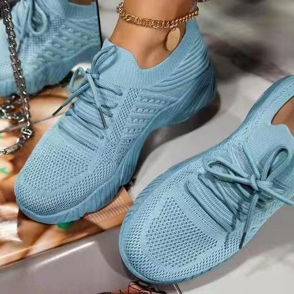 Large Size Women's Shoes Sports Shoes Women's Lace-up Mesh Thick-soled Casual Flying Woven Shoes Breathable Low-heeled Shoes