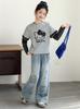 Girls' Retro Blue Graffiti Wide-Leg Jeans: Hand-Painted Loose-Fit Casual Pants