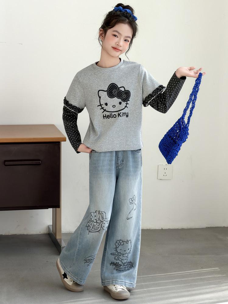 Girls' Retro Blue Graffiti Wide-Leg Jeans: Hand-Painted Loose-Fit Casual Pants