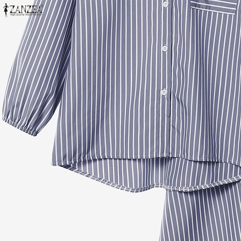 ZANZEA Women Long Sleeve Blouse and Long Skirts Stripe Print Two Piece Suit Sets