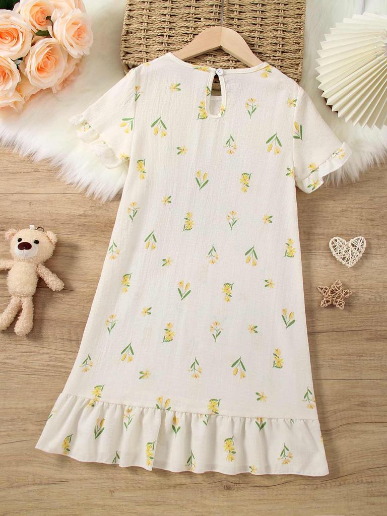 Vestido de Verano Blanco Crudo para Niñas, Cómodo y Suave, Corte A, Manga Corta, Vestidos para Niños