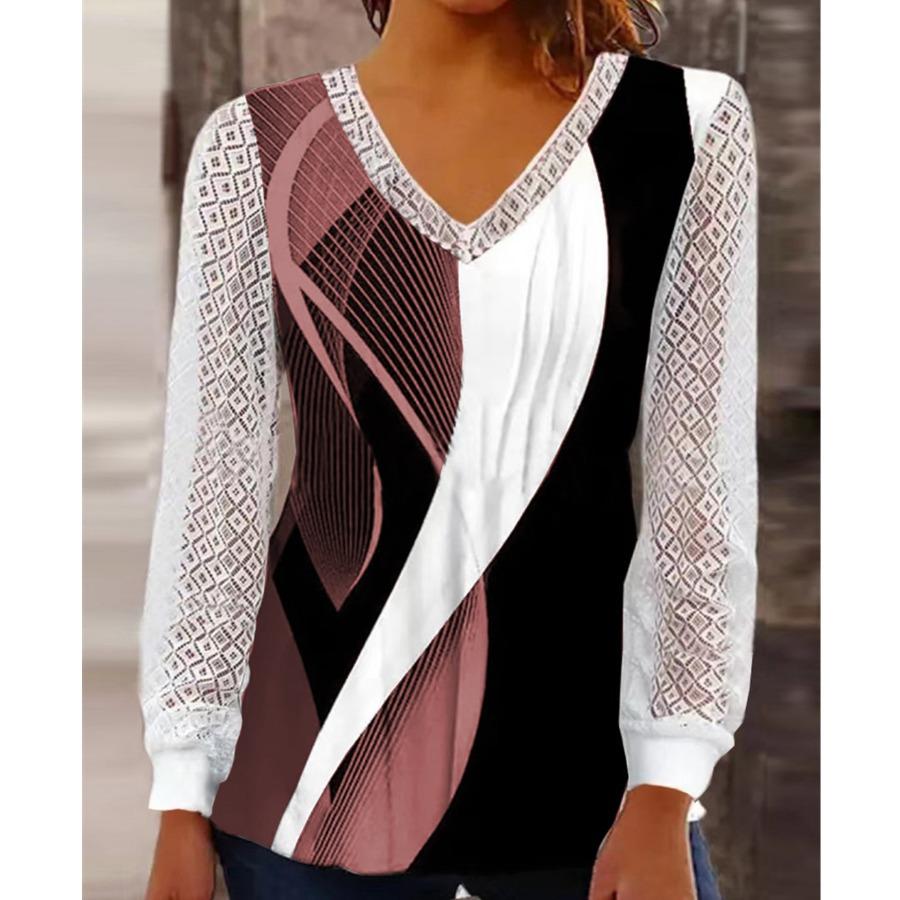 

Осенне-зимняя женская блузка с v-образным вырезом, свободная кружевная лоскутная рубашка с принтом, женский топ 3XL вино красного