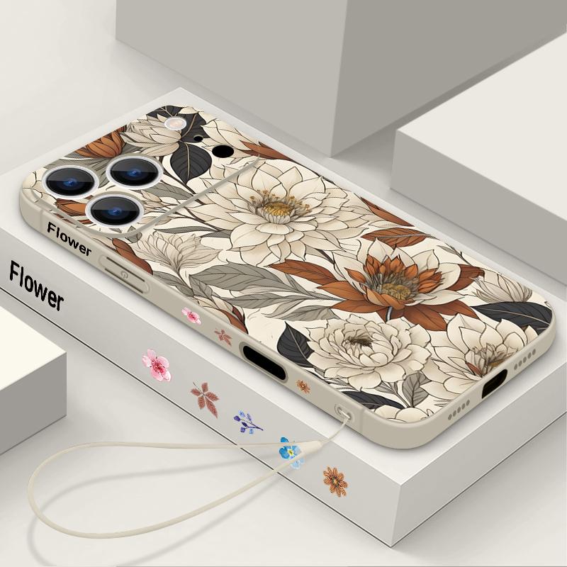 Wrist Strap Lanyard TPU Phone Case For iPhone 17 16 15 Pro Max 13 14 Pro Max 17e 16e 11 White Flower Soft Silicone Back Cover