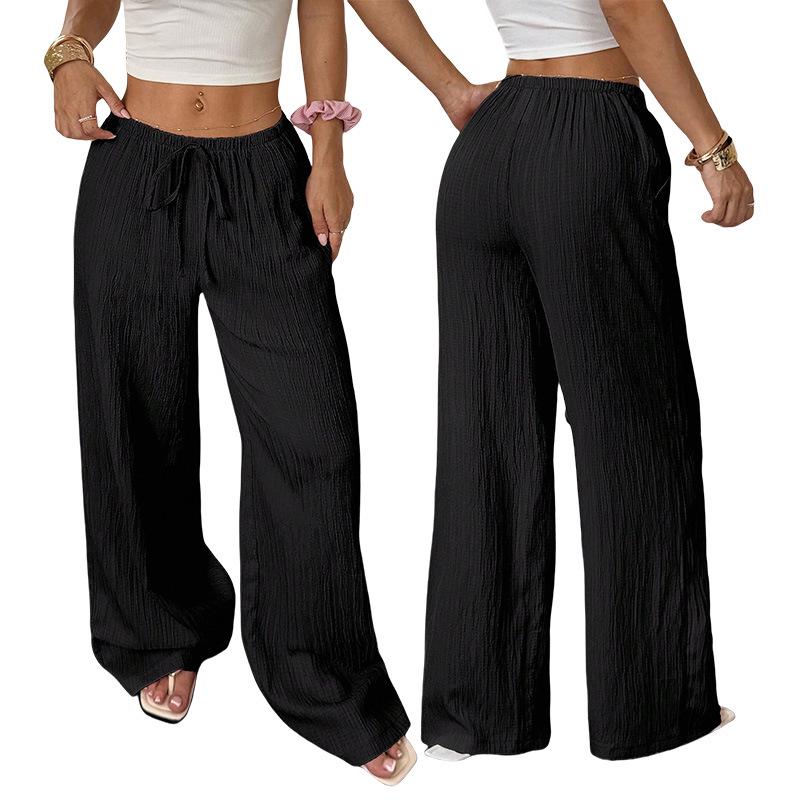 2026 Women's Casual Wide-Leg Pants with Knot Waist and Textured Fabric
