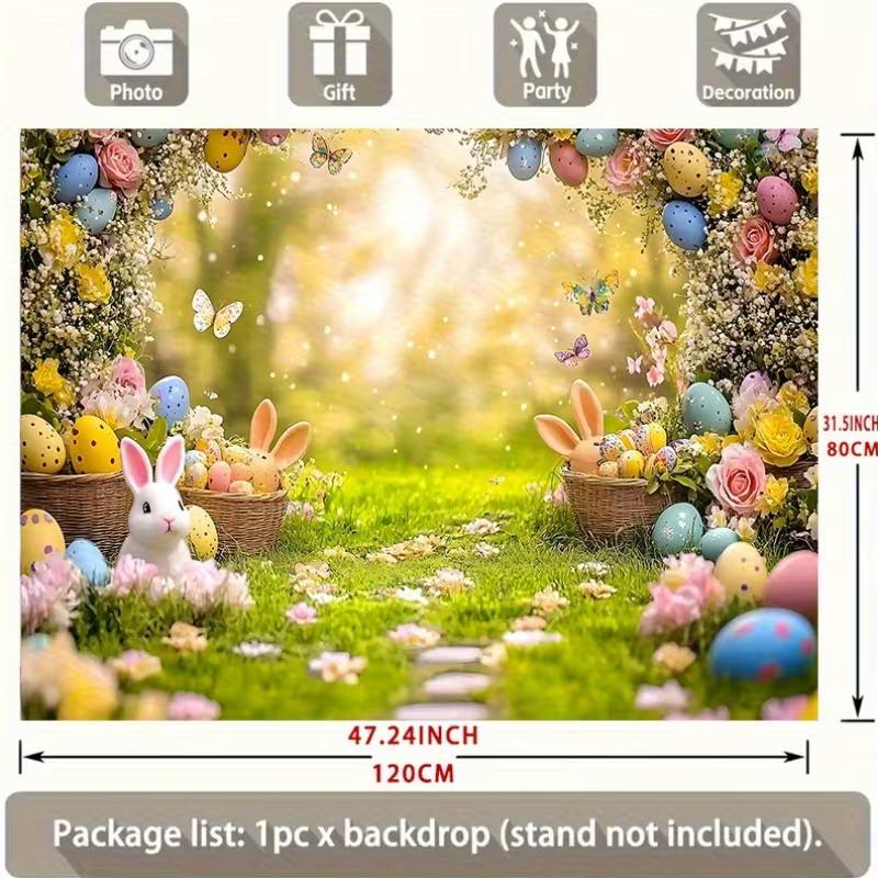 2D Easter Photo Booth Backdrop, Floral Garden with Cute Bunnies & Colorful Eggs Background