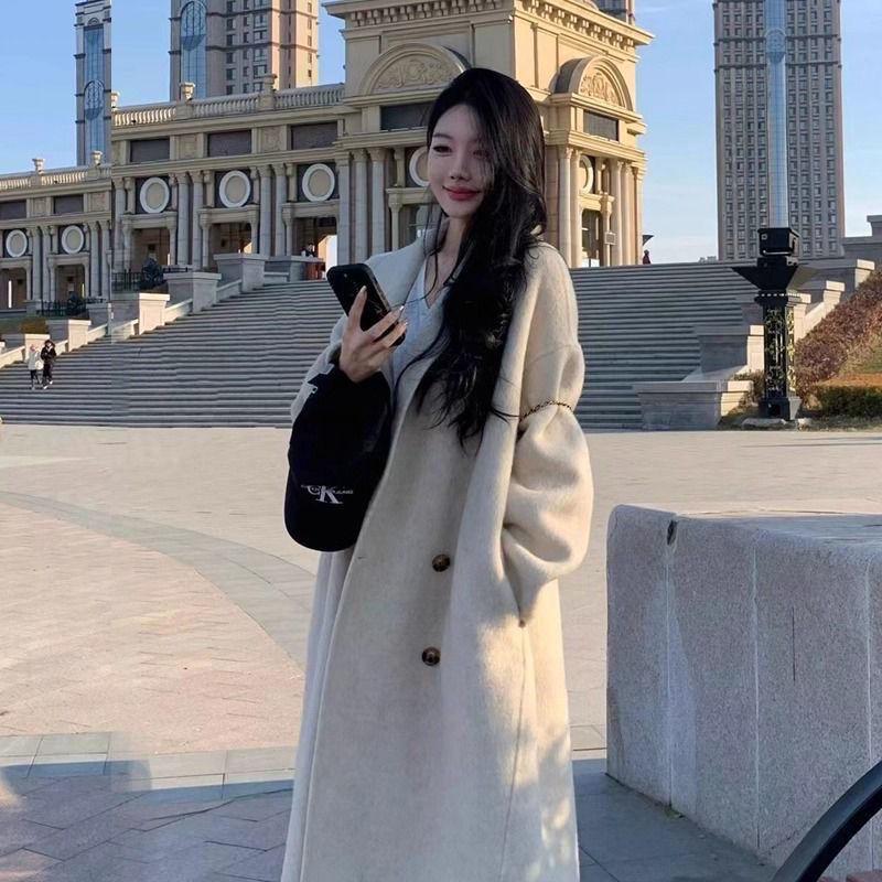 Palton de lână de lungime medie, larg, stil coreean, pentru femei, toamnă/iarnă 2025, trend