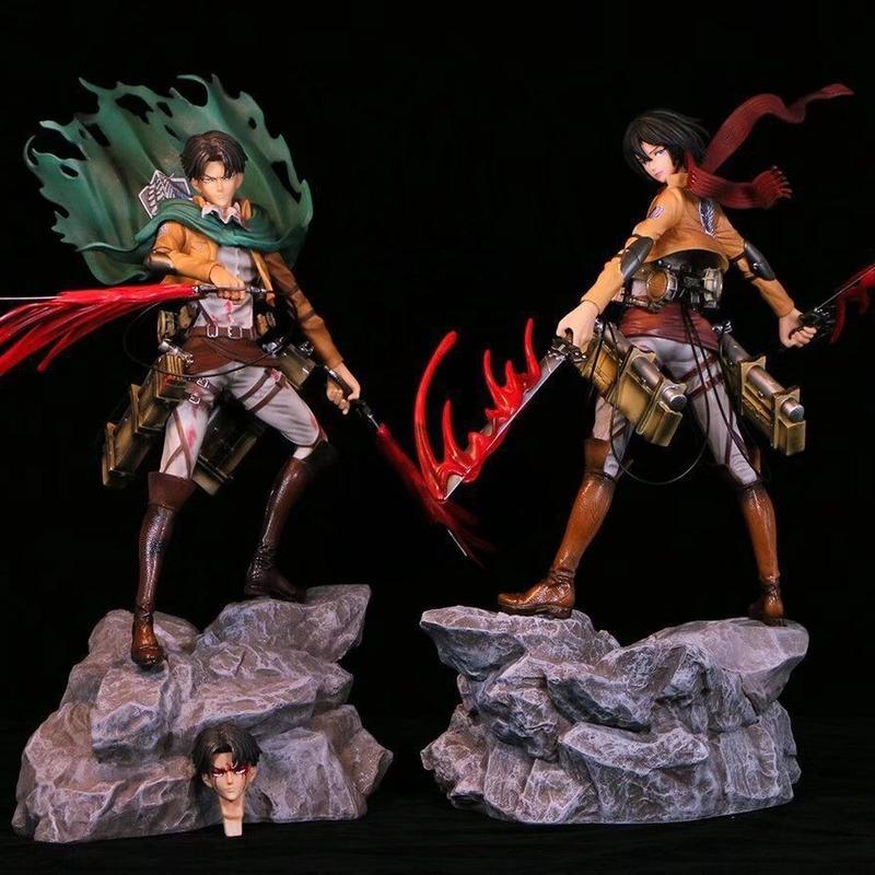Attack On Titan Gk Figure Levi Ackerman Mikasa Ackerman Battle Damaged Double Head Sculpt Anime Pvc Statue Collectible Model