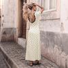 New Retro-style Long Dress with Patchwork of Polka Dots and Lace, Featuring A Deep V-neck and Backless Design.