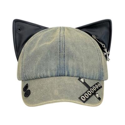 Distressed Baseball Hat with Metal Decors and PU Leather Cats Ear Subcultural Sun Hat for Women Streetwear Hiphop Dance