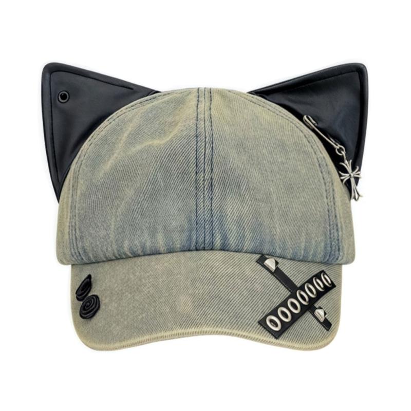 

Distressed Baseball Hat with Metal Decors and PU Leather Cats Ear Subcultural Sun Hat for Women Streetwear Hiphop Dance 1