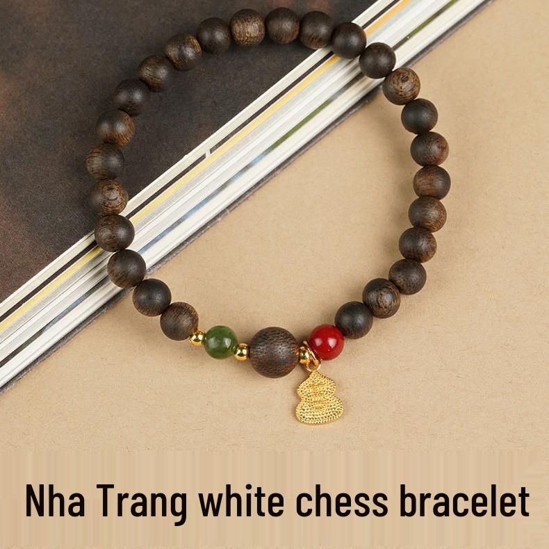 Vietnam Nha Trang White Qinan Agarwood Bracelet with Cinnabar and Hetian Jade 6mm