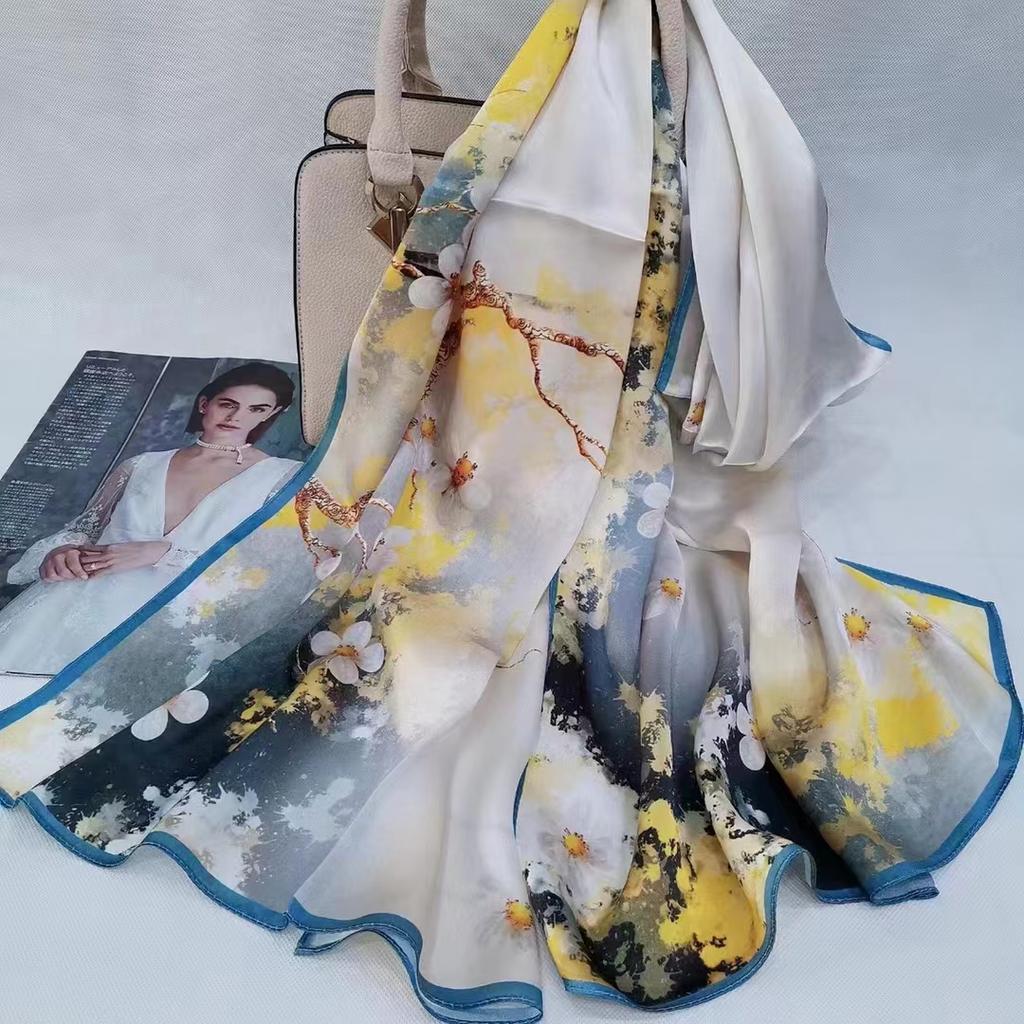 China Style Blue White 100% Silk Flower Women'S Scarf Shawl Dufanda Fall Winter Long Scarves Hijabs Fashion Silk Scarf