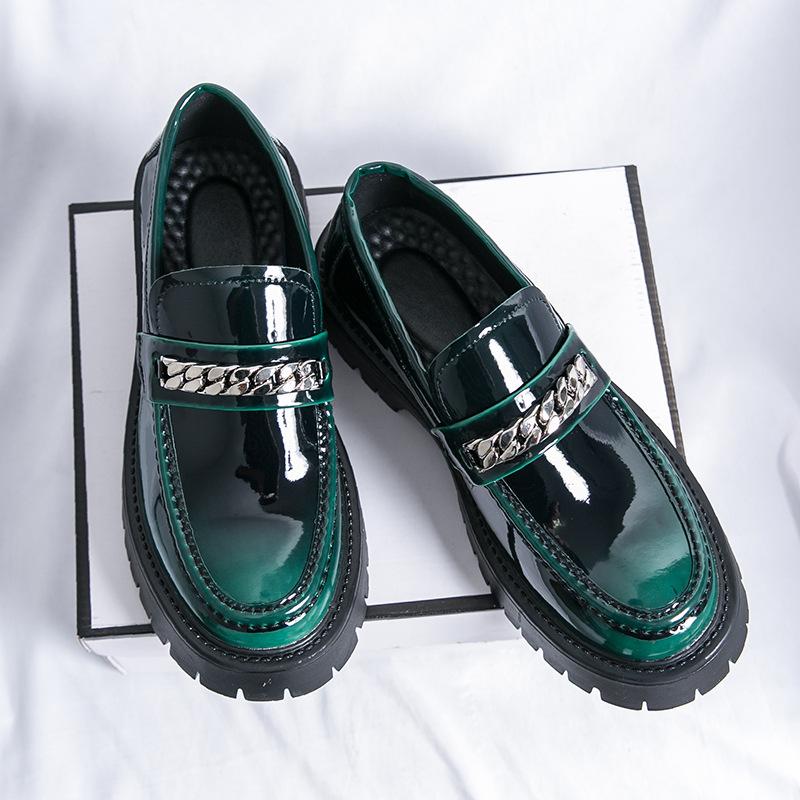 Men s big head leather shoes thick sole heightening patent leather glossy casual thick heel loafers hairstylist trendy shoes 38