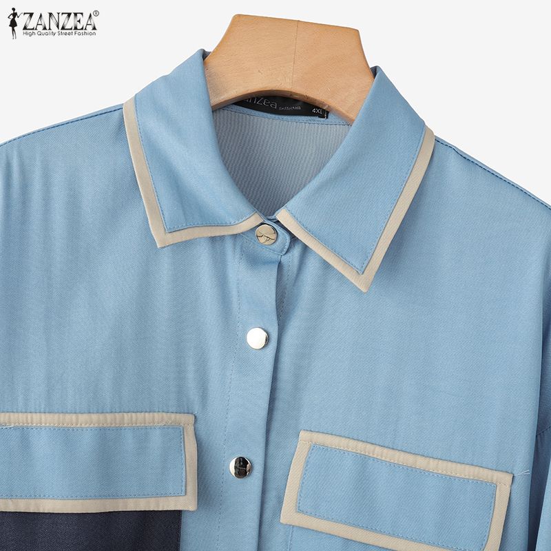 ZANZEA Women Casual Turn Down Collar Loose Long Sleeve Blouse