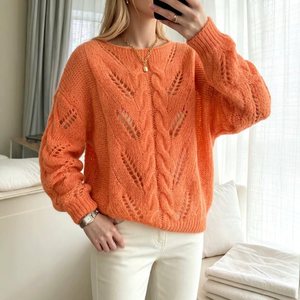 Women's Crew Neck Knitwear, Long Sleeve, Loose Fit for Fall and Winter