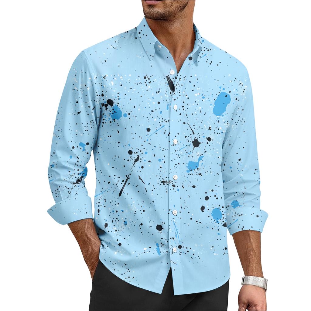 Men's casual stylish ink-blurry texture printed shirt - Men's lapel buttoned long-sleeved top