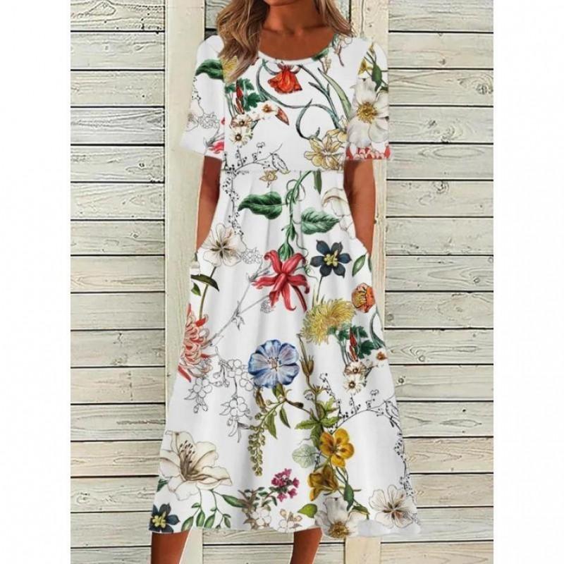 Vestito casual da donna con stampa floreale, manica corta, girocollo, vestibilità larga, leggero, stile boho, taglie forti