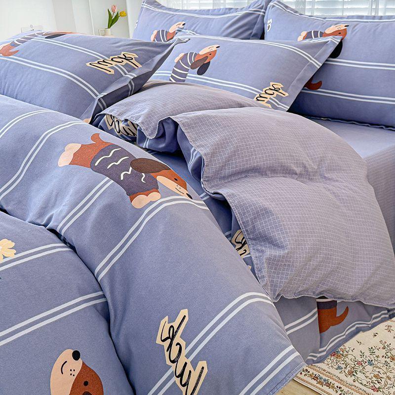 Simple Class A Washed Cotton Four-piece Bedding Set Princess Style Printed Quilt Cover Dormitory Bed Sheet Three-piece Quilt Cover