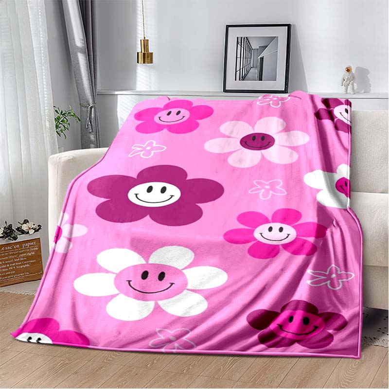 Pink Smile Face & Flower Print Flannel Blanket, Soft Cozy Warm Throw for Bed Sofa Couch, Lightweight All Season Plush Cover