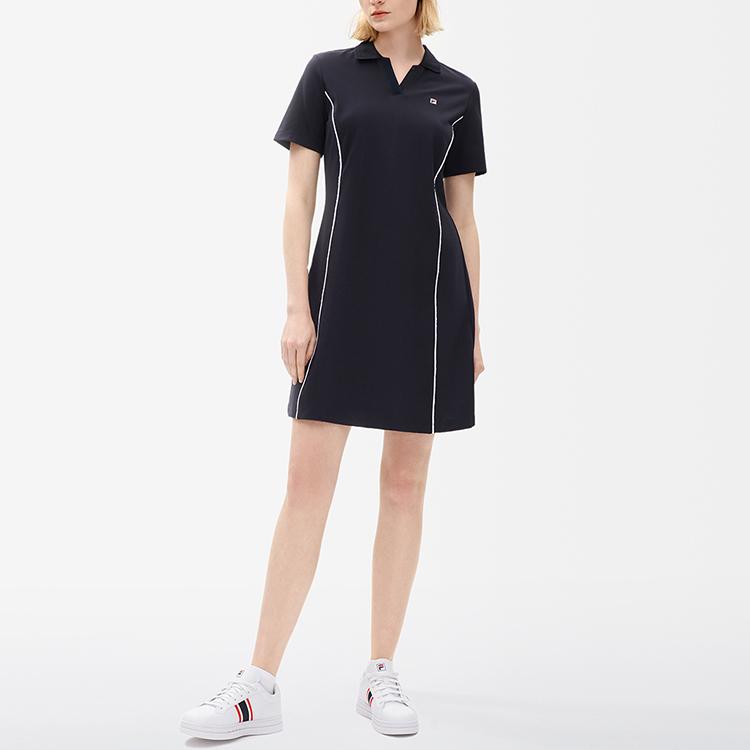 FILA Embroidered Logo Letter Casual Knit Simple Polo Short Sleeve Dress Women dresses Legendary-Blue F11W231305F-NV