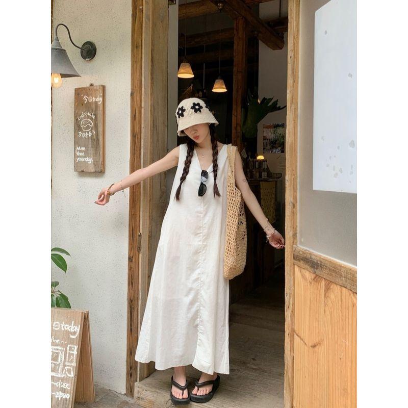 Kumikumi Sweet Style Simple V-neck Vest One Piece Dress Women Clothing Summer Temperament Slimming White A- Line Skirt Long Dress