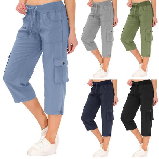 Women Cropped Pants Elastic Waist Adjustable Drawstring Hiking Cargo Pants with Multi
