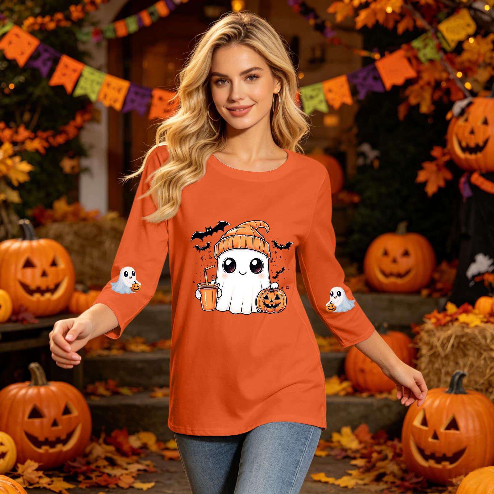 Women s Casual Three-Quarter Sleeve Halloween Print Neck Top L