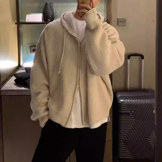 Men Fall Winter Sweater Coat Hooded Drawstring Loose Zipper Closure Long Sleeves Drawstring Mid Length Solid Color Retro Knitted Jacket