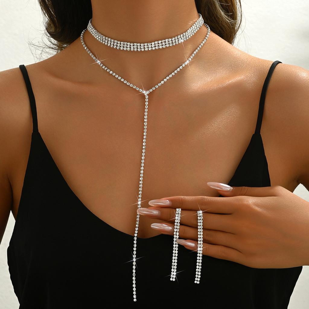 Full Diamond Multi-Layer Neck Chain Simple Long Fringed Necklace Earrings Women'S Jewelry
