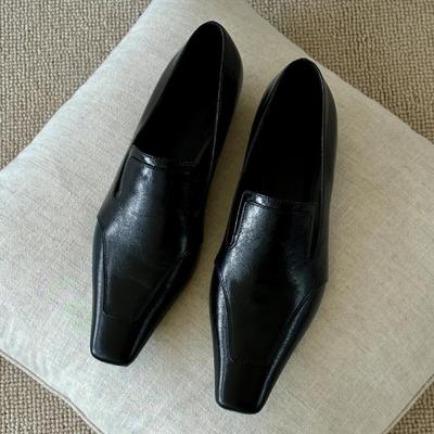 Sheepskin~ British Style Leather Square Head Wedge Heel Loafers Women's French Lazy One-pedal Women's Shoes Retro Small Leather Shoes