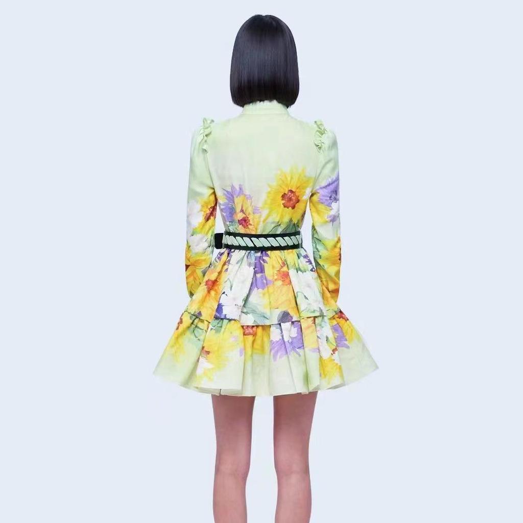 Sunflower Print Lace A-Line Dress with Stand-Up Collar & Long Sleeves