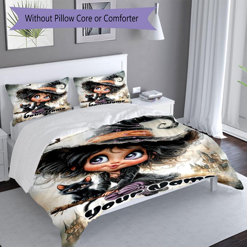 3PC Custom Name Witch's Halloween Fantasy Bedding Set Printed Bedding Set Duvet Cover Closure Includes 1 Duvet Cover & 2 Pillowcases for All Seasons B