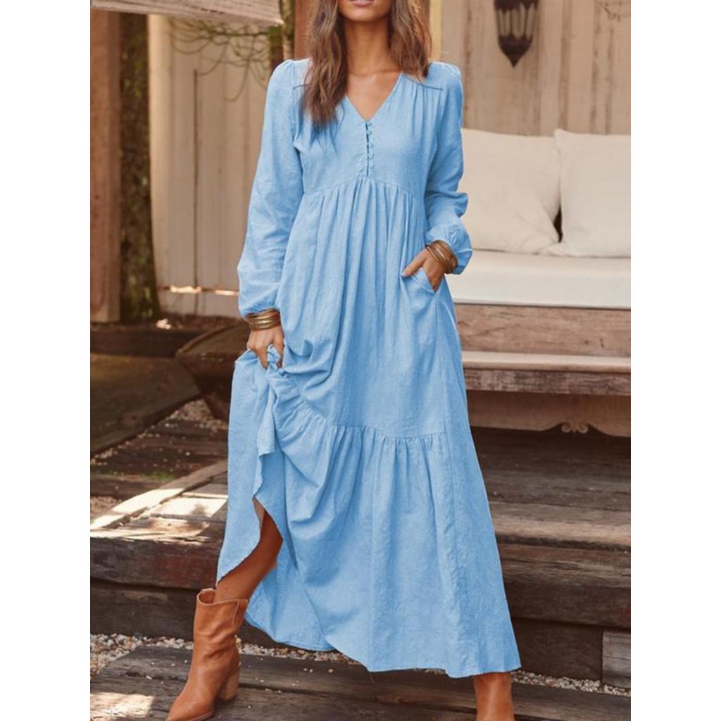 Women's V Neck Long Sleeve Maxi Dress Straight Fit High Waist Casual Solid Color Ruffle Tiered Long Dress