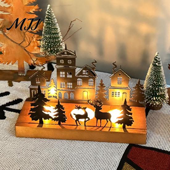 Farmhouse Candle Stand Christmas Town Silhouette Holder, Wooden Tea Light for Holiday Tabletop Decor Decoration, Metal Festive Fireplace and Home