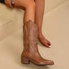 Spring And Fall Fashion Pointy Solid Color Women'S Mid-Calf Boots With Mid-Heel Sleeves Embroidered Western Cowboy Boots